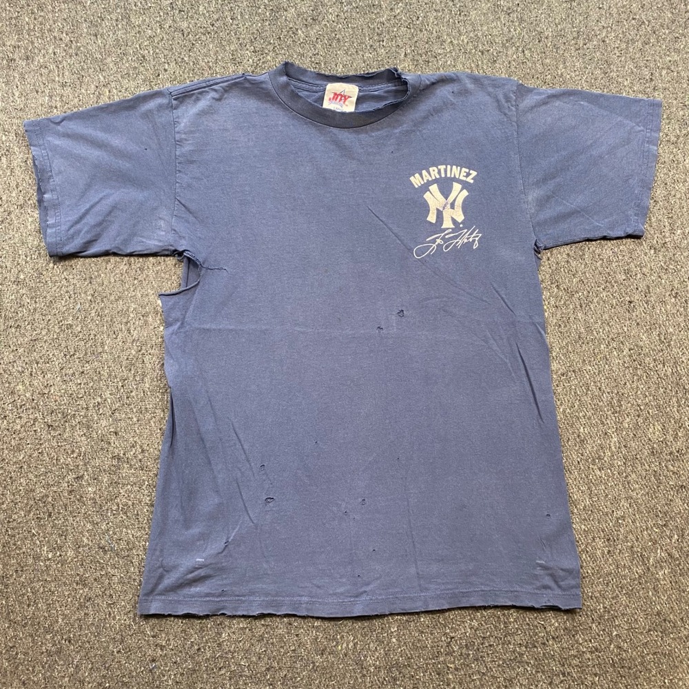 Joy Athletic Tino Martinez Yankees TShirt Sz L Mens Blue Grunge 1999 Distressed